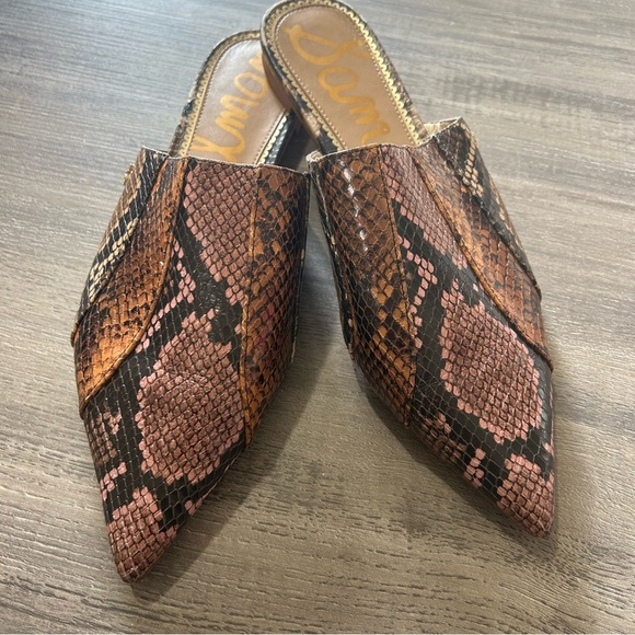 Sam Edelman Brown Snake Print Mules Leather Pointed Toe - Picture 2 of 6